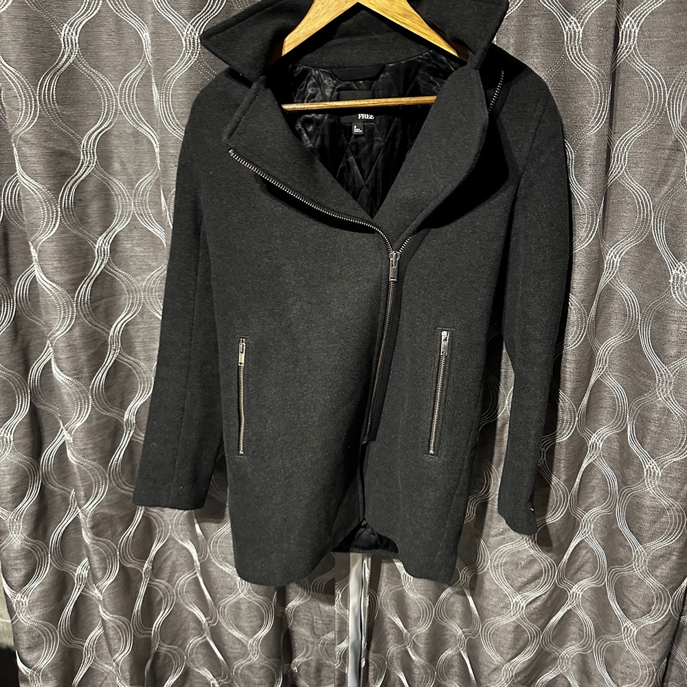 Free People Moto Jacket Hooded Wool Blend‎ Asymmetrical Zip Gray Small